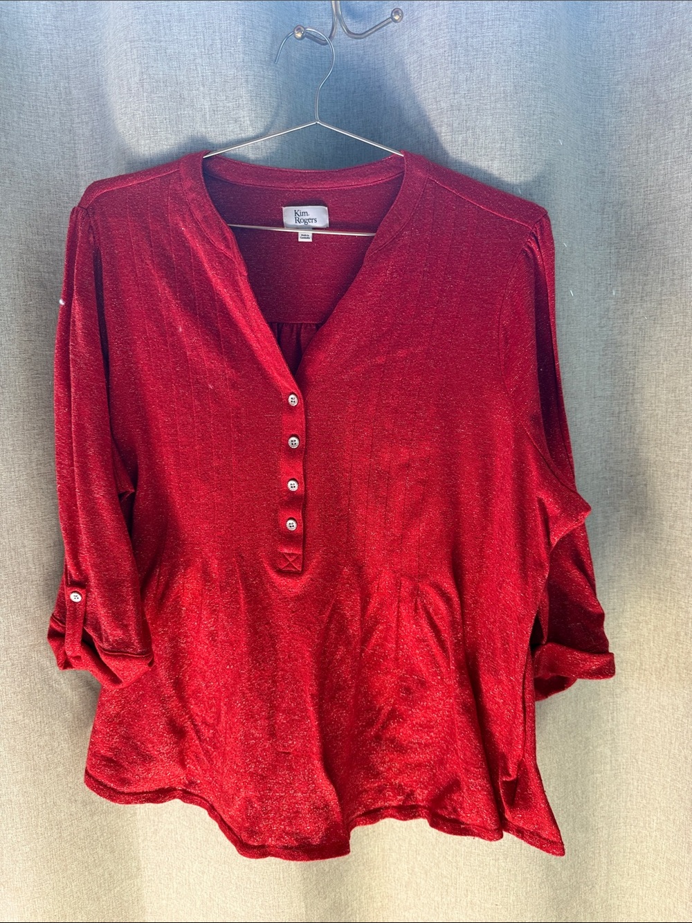 Kim Rogers Metallic Red Henley Tunic Top